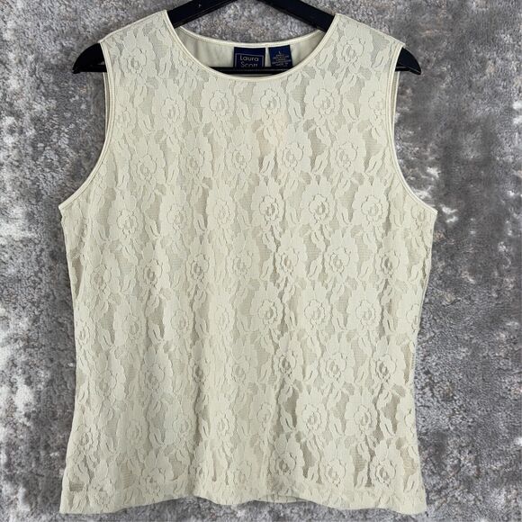 New Laura Scott Sz L Floral Ivory Lace Overlay Sleeveless Blouse Top NWT - Picture 1 of 7